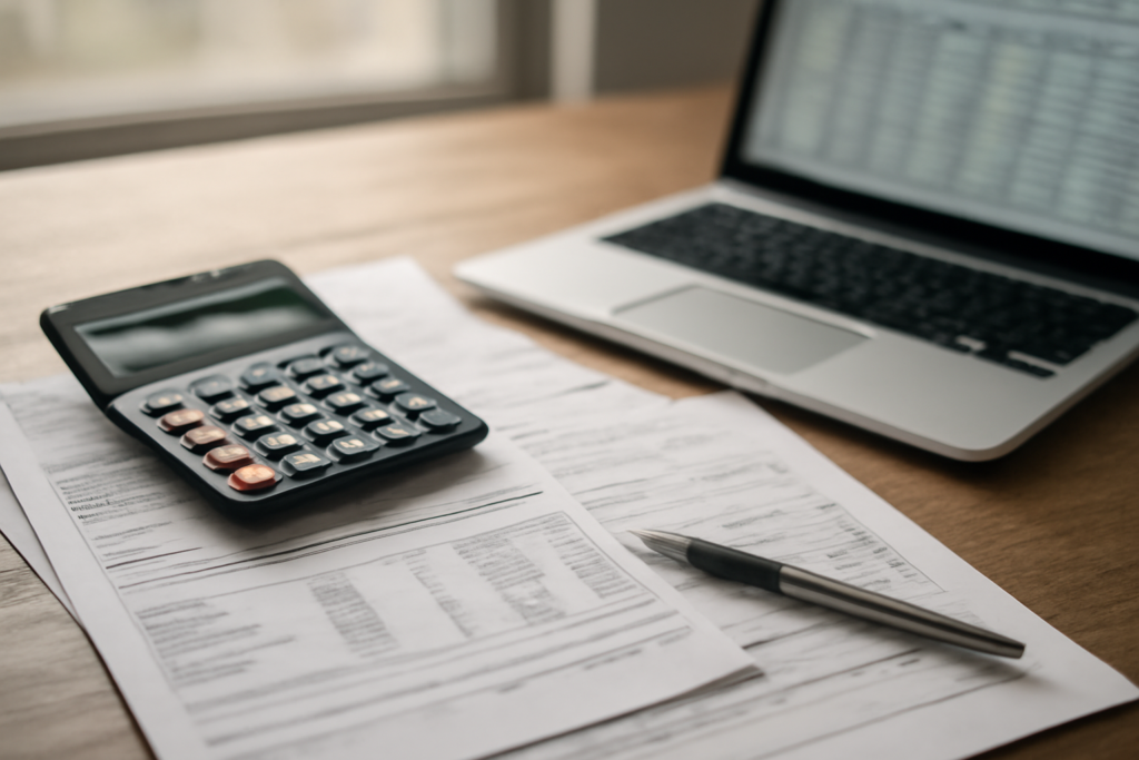 Mesa de escritório contábil com calculadora, notas fiscais e computador sobre reforma tributária, CBS e IBS e prazos