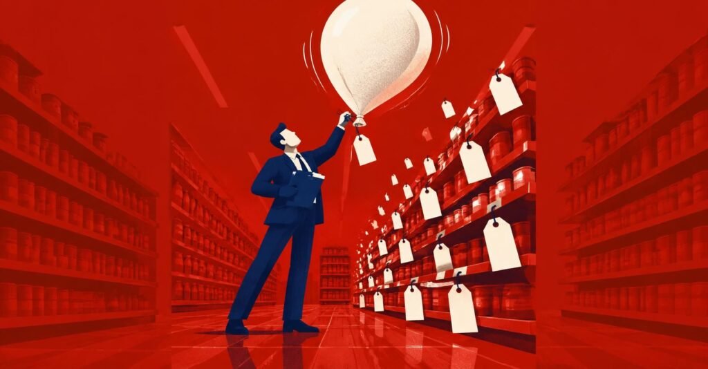 Ilustração de um fiscal tentando prender etiquetas de preço em um balão que sobe das prateleiras de um supermercado, sobre reforma tributária e preços.
