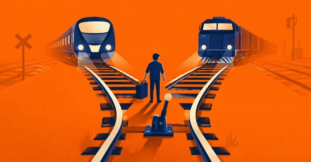 Contador diante de dois trilhos de trem, escolhendo entre o regime híbrido no Simples Nacional e o DAS tradicional antes do prazo de 30/10.