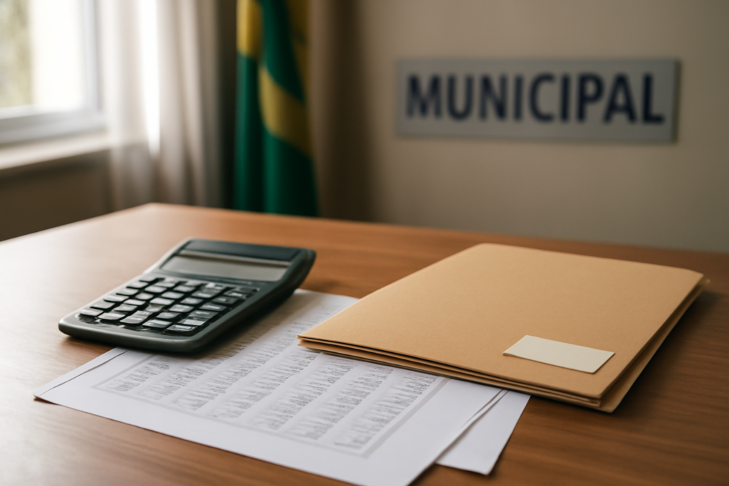 Escritório de contabilidade municipal com calculadora e planilhas, ilustrando o repasse FPM de outubro