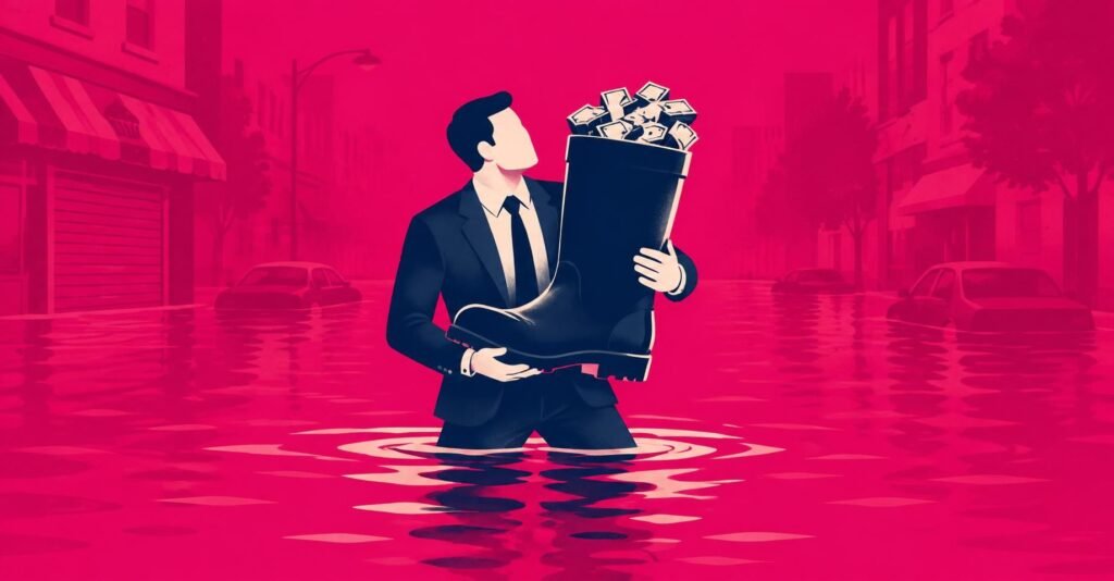 Ilustração de homem de terno carregando bota cheia de dinheiro em rua alagada, tema restituição imposto de renda 2026