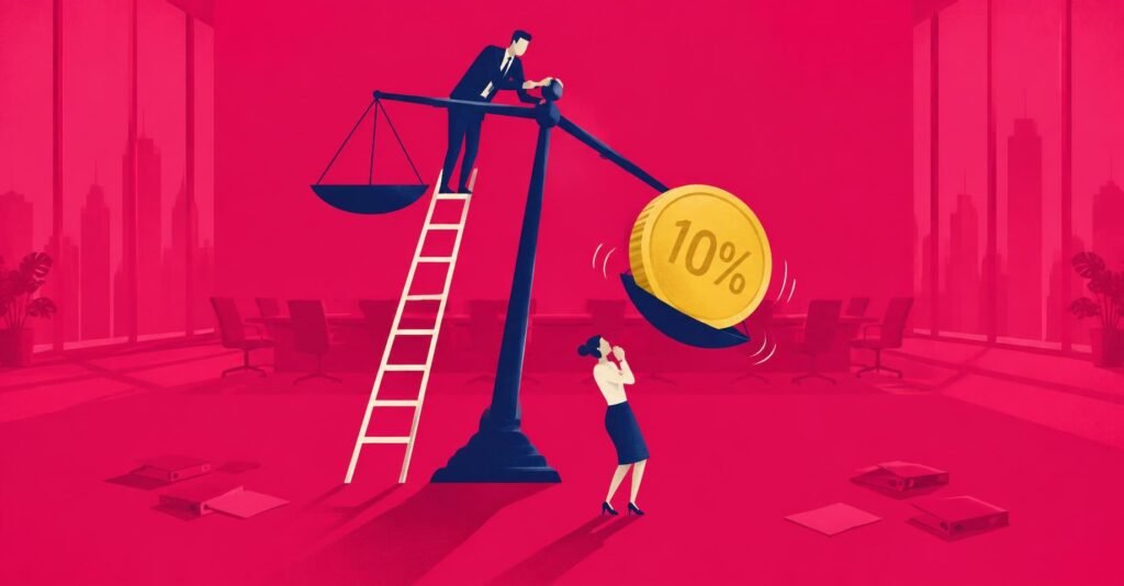 Ilustração de fiscal e contador diante de balança com moeda pesada, representando retenção de 10% de IR sobre dividendos acima de R$ 50 mil.