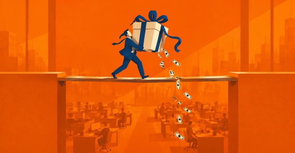 Empresário equilibrando uma grande caixa de presente sobre uma prancha, com notas caindo: retenção de 10% em dividendos acima de R$ 50 mil.