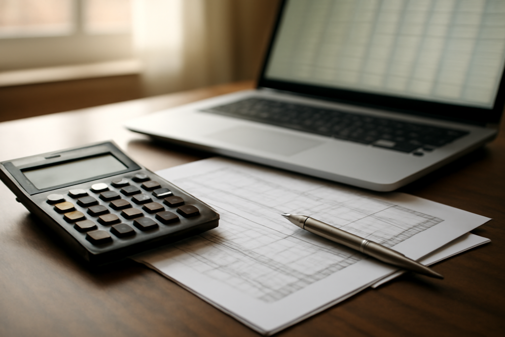 Mesa de escritório contábil com calculadora e notas fiscais, ilustrando a retenção previdenciária CPRB 3,5%
