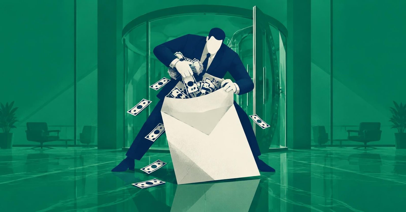 Ilustração de um operador com maços de dinheiro sendo barrado por um cofre fechado, em alusão às novas regras de lavagem de dinheiro para seguradoras.
