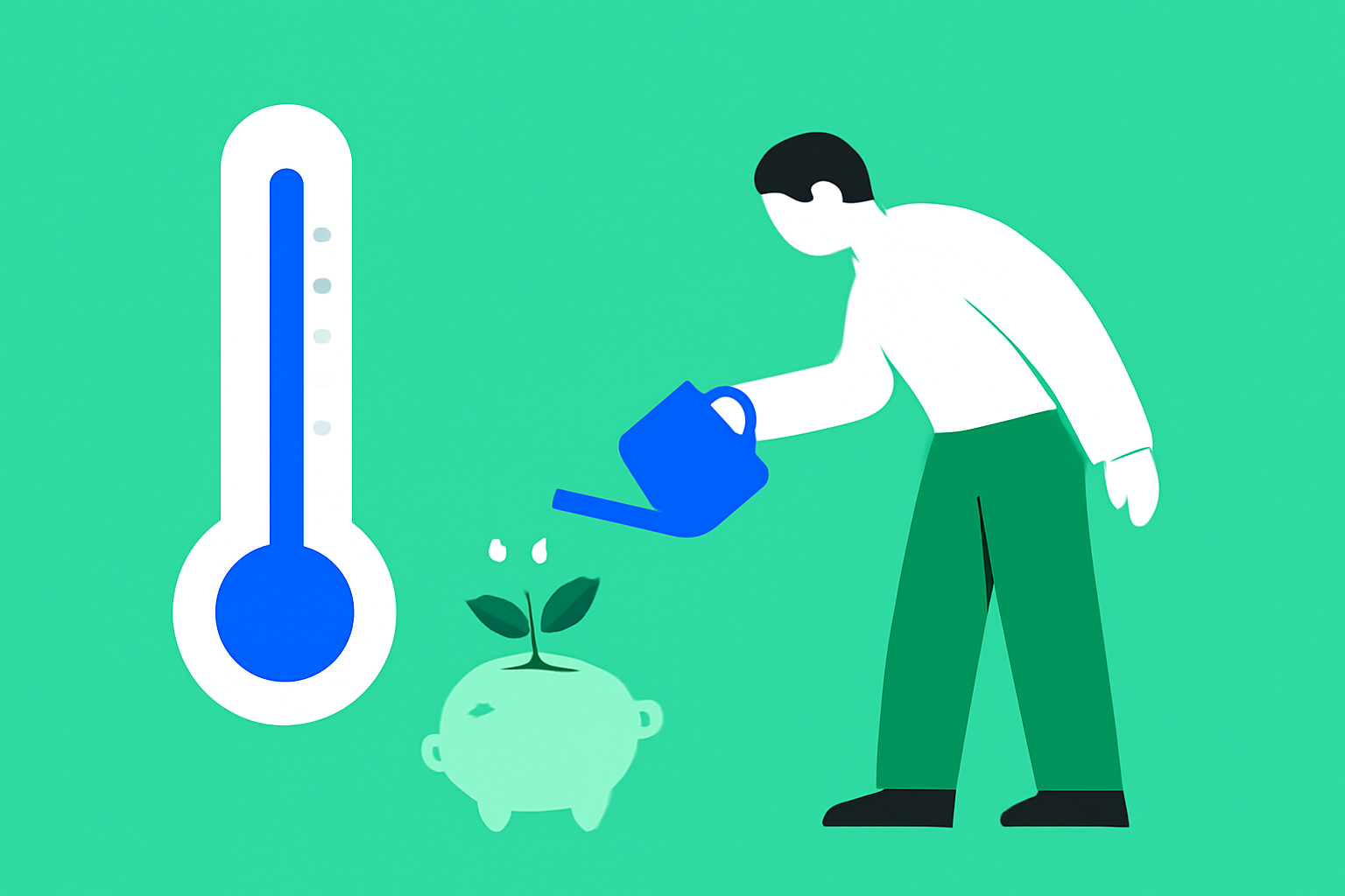 Ilustração de uma pessoa cuidando de uma planta que cresce de um cofrinho, simbolizando a redução da Selic pelo Banco Central