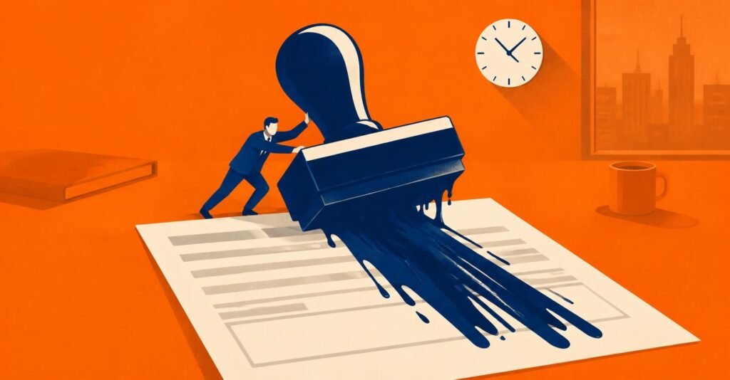 Ilustração de contador diante de um carimbo de indeferido sobre um formulário gigante, sugerindo pedidos de opção pelo Simples Nacional 2027 negados.