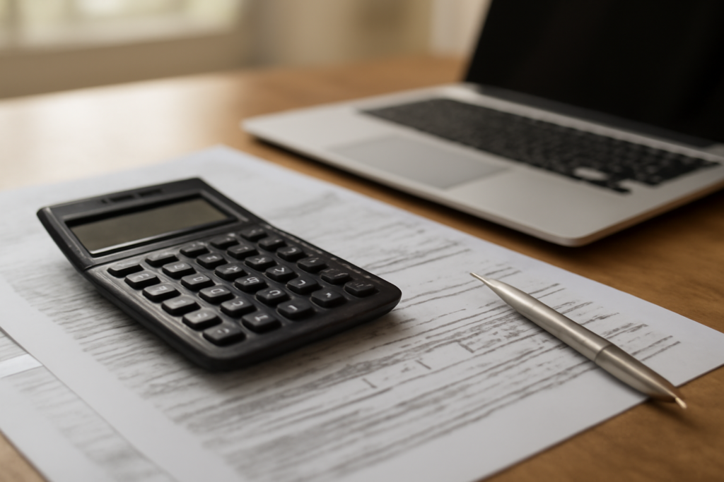 Simples Nacional 2027: novos prazos de opção para empresas Mesa de escritório contábil com calculadora e documentos fiscais, ilustrando a opção pelo Simples Nacional 2027