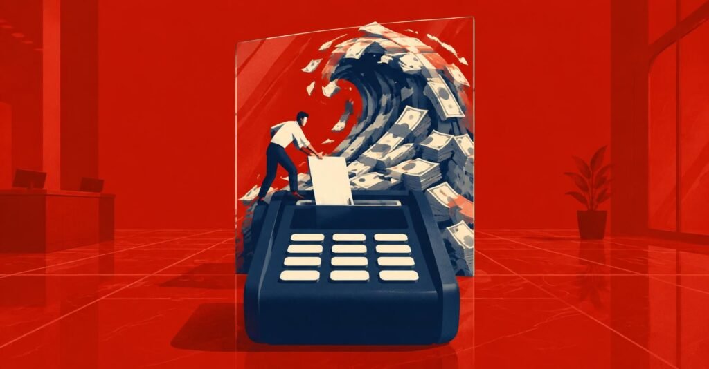 Ilustração do split payment cronograma 2027: contador diante de um grande terminal de pagamento, com split payment em testes.