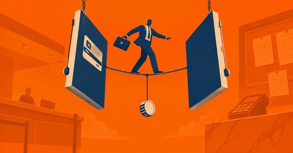 Contador equilibrando-se em corda bamba entre duas portas de pagamento, ilustrando o split payment e a Reforma Tributária.