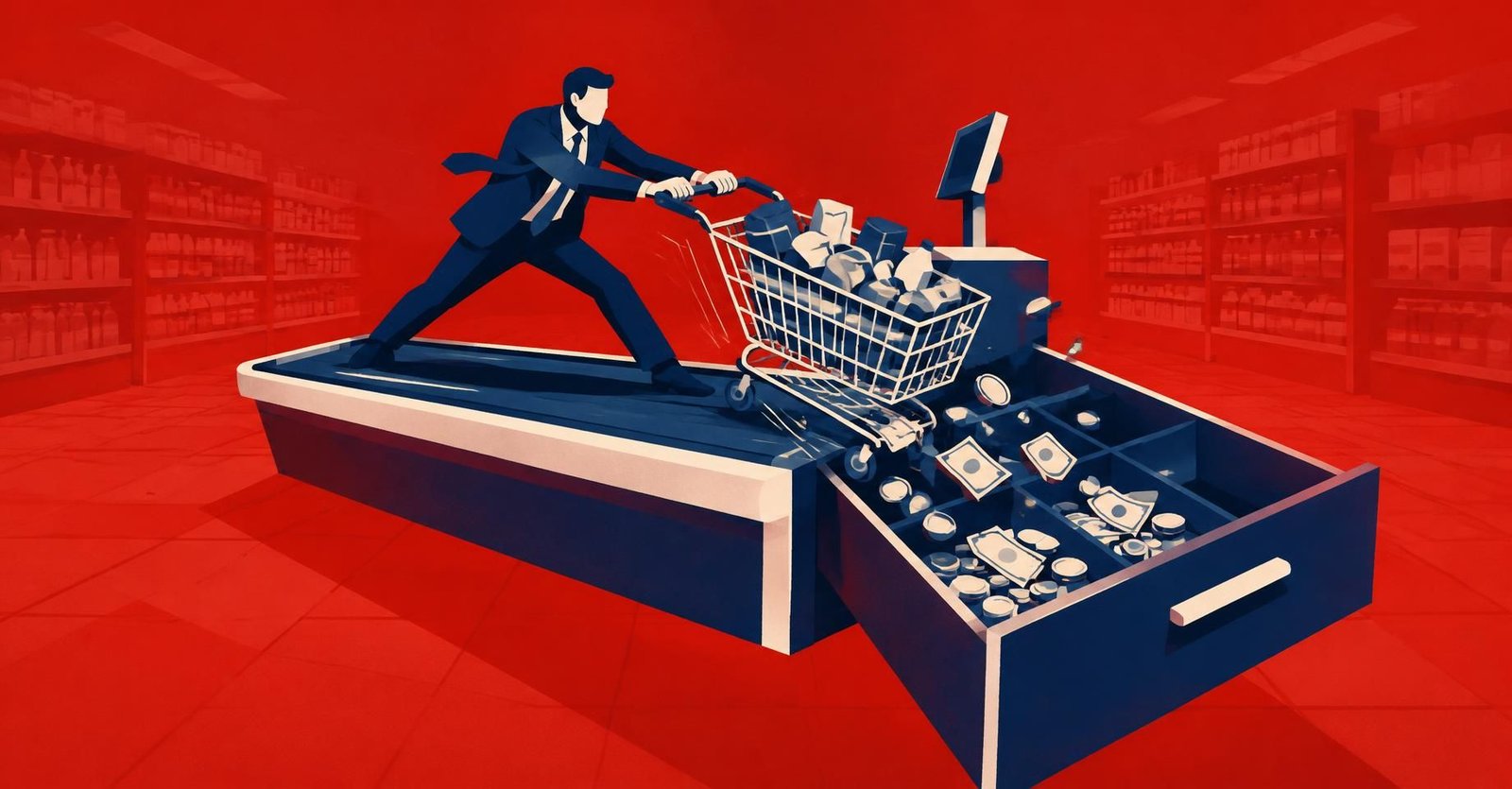 Ilustração de contador segurando um carrinho de supermercado que é puxado para dentro de um caixa, representando o split payment reforma tributária e a retirada automática dos tributos na transação.