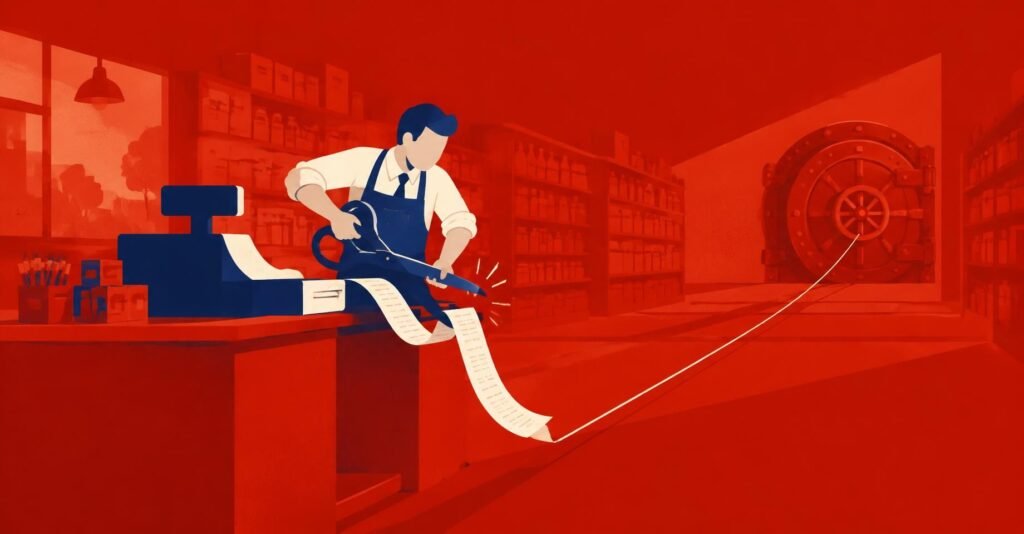 Ilustração de contador cortando um recibo de venda ao meio, com parte do valor seguindo para o Fisco, tema do split payment da reforma tributária