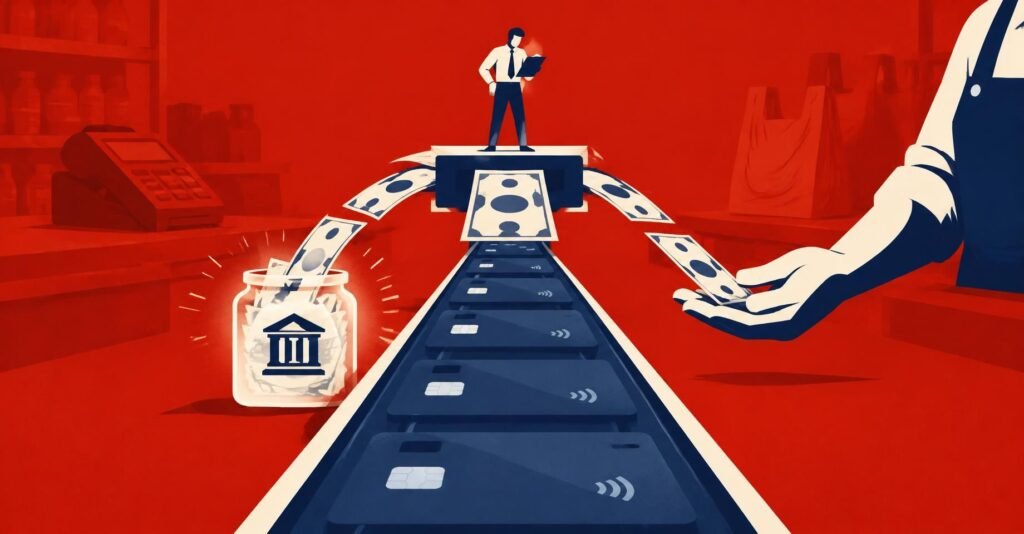 Ilustração de caixa de loja com máquina de cartão dividindo um pagamento em duas partes, representando os testes de split payment