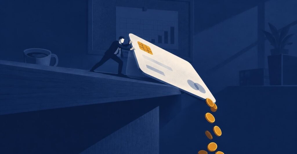 Ilustração de contador equilibrando-se sobre um cartão de pagamento escorregando, representando os split payment testes da Receita e a retenção no caixa.