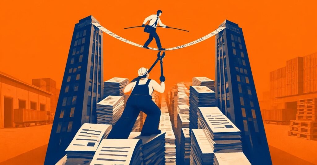 Ilustração de um fiscal equilibrado sobre uma corda de créditos de ICMS, representando a exclusão do crédito presumido de ICMS da base do PIS e da Cofins