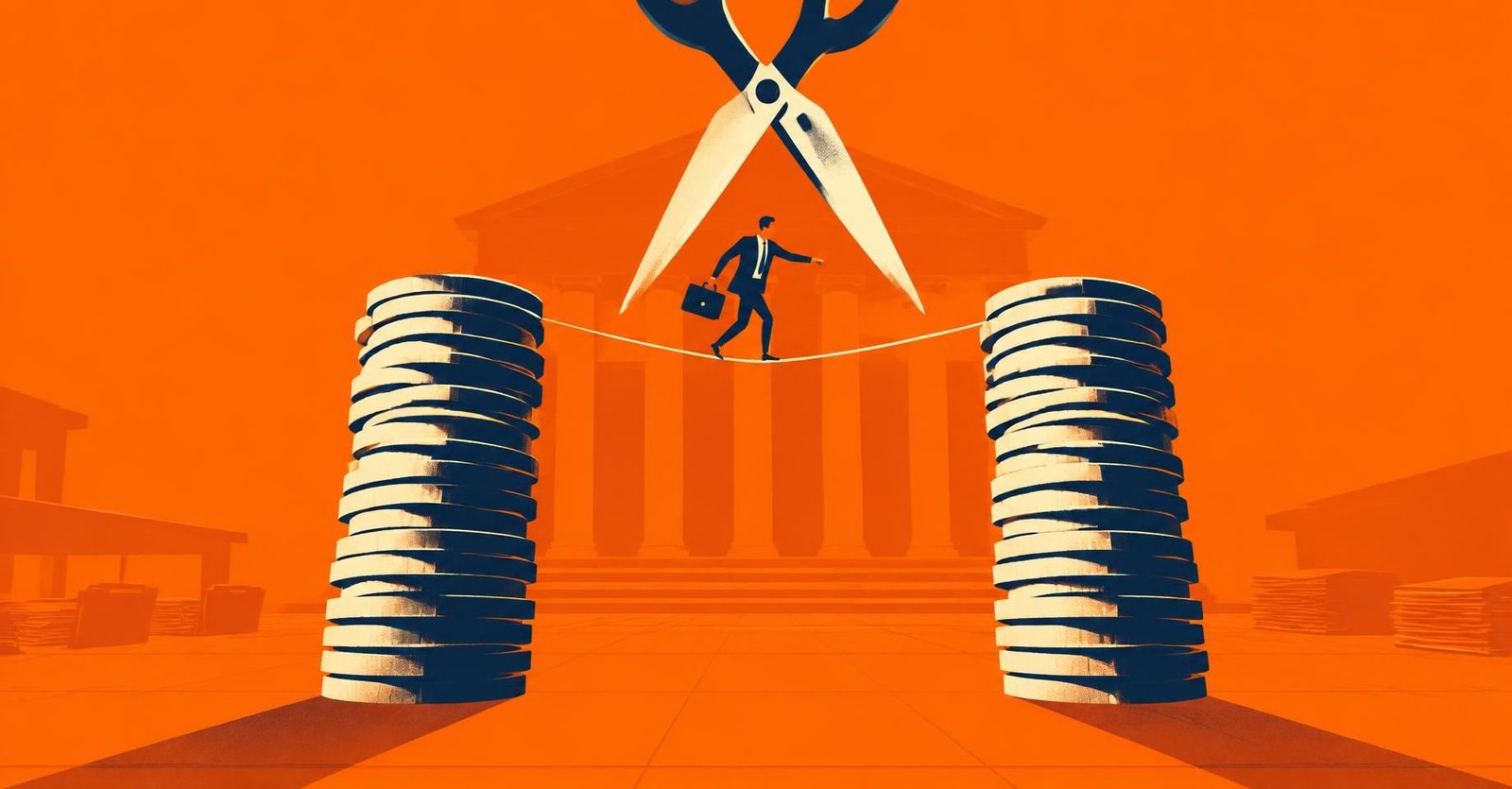 Ilustração de contador equilibrando-se sobre corda, com tesoura pairando, representando créditos presumidos de ICMS e PIS Cofins.