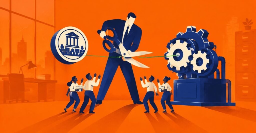 Ilustração de contador cortando fio que liga moeda do ISS à base de cálculo do PIS e da Cofins, tema da decisão do STF