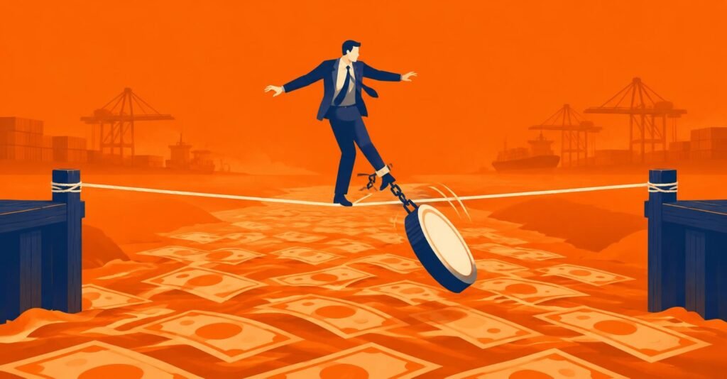 Ilustração de contador equilibrando-se sobre rio de dinheiro, ilustrando a exclusão ISS PIS Cofins no STF.