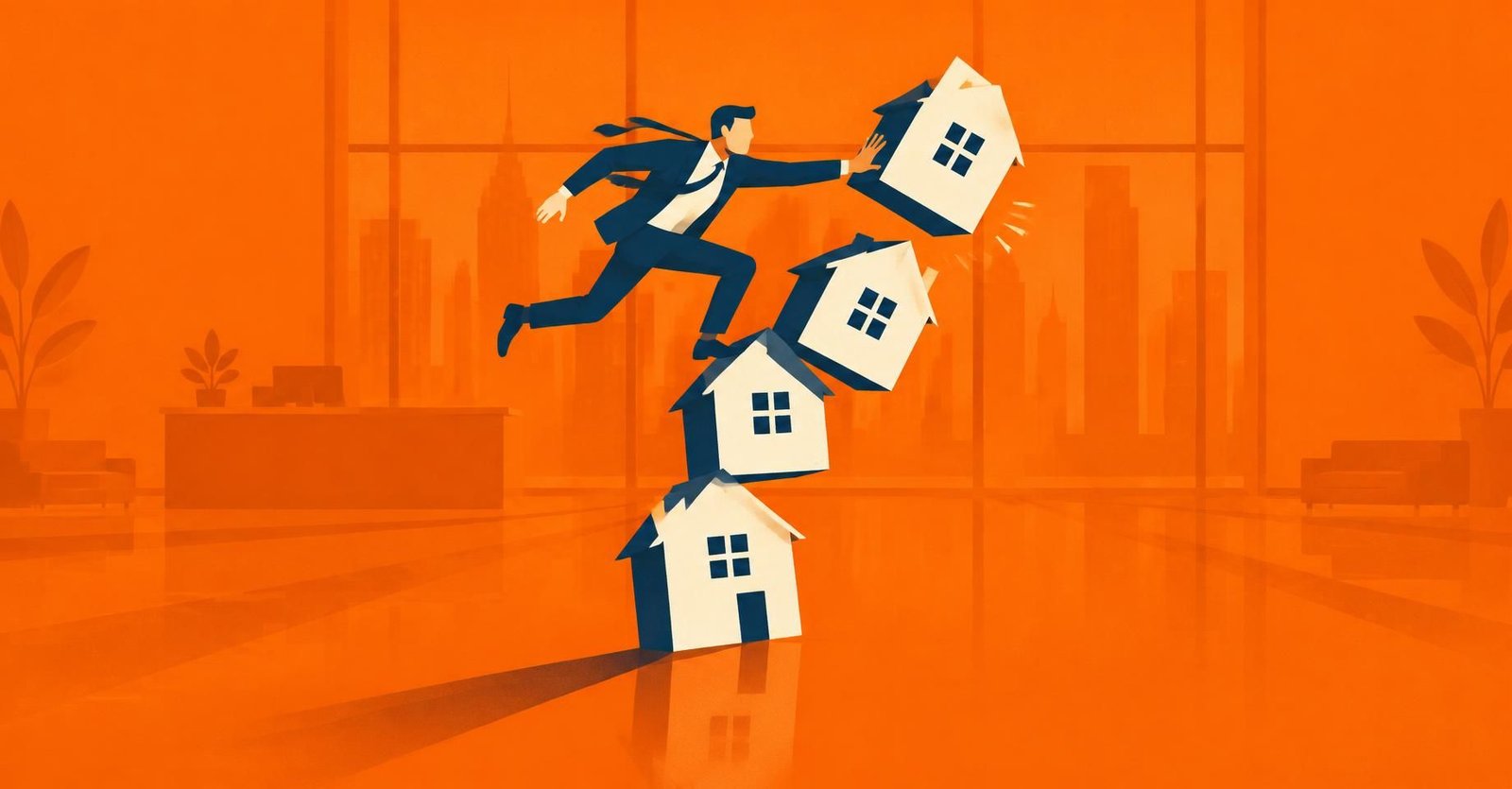 Ilustração de corretor equilibrando casas empilhadas, em alusão ao STF e à imunidade do ITBI na integralização de capital de imobiliárias.