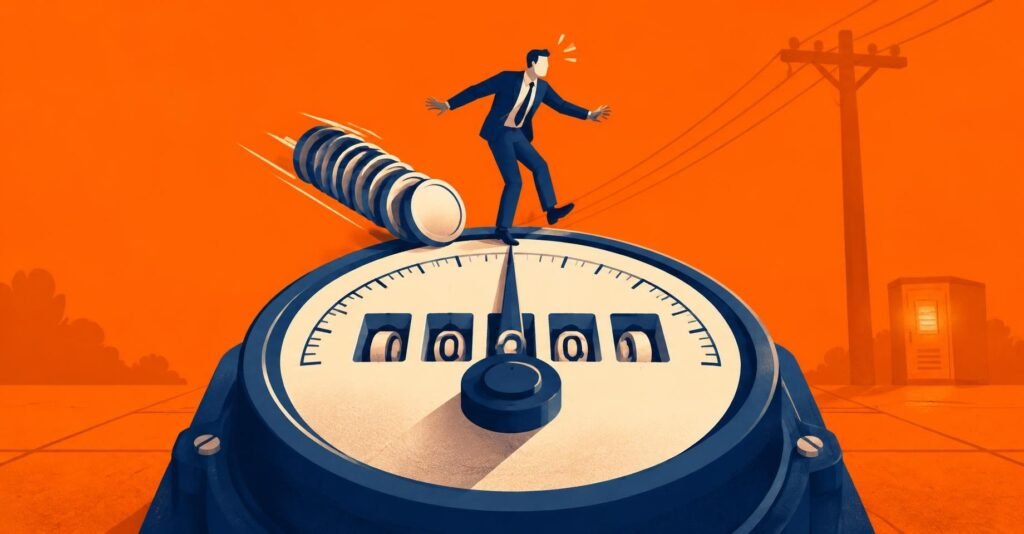 Ilustração de consumidor atravessando um medidor de energia elétrica para ilustrar a restituição de tributos na conta de luz