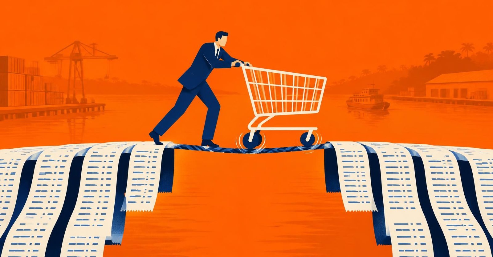 Ilustração de fiscal empurrando carrinho sobre ponte de recibos, representando crédito de PIS e Cofins na Zona Franca.