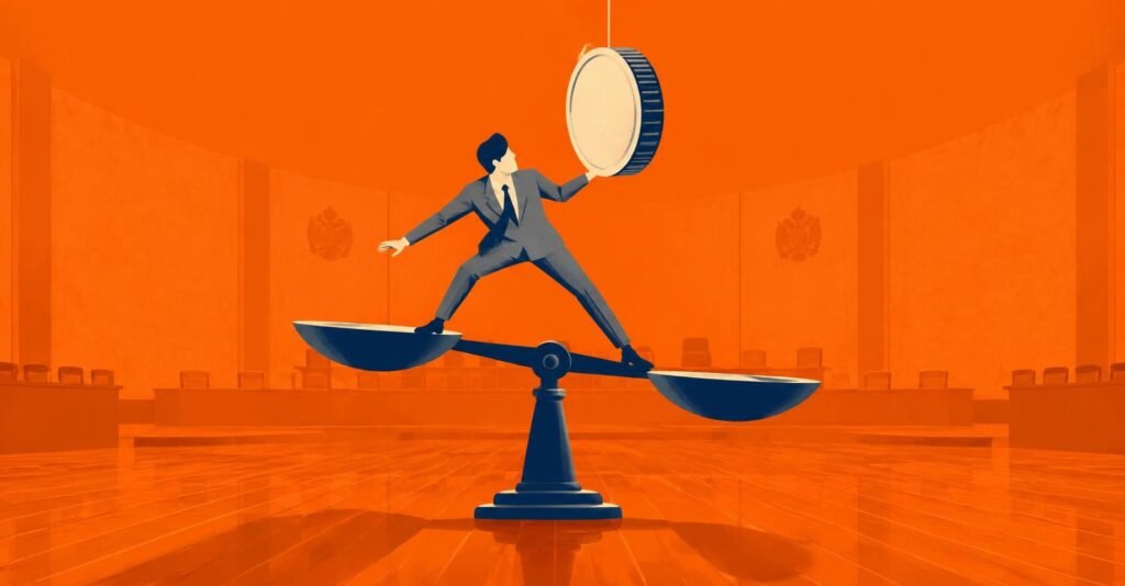 Ilustração de um fiscal equilibrado sobre uma balança gigante no julgamento do Tema 118 ISS PIS Cofins.