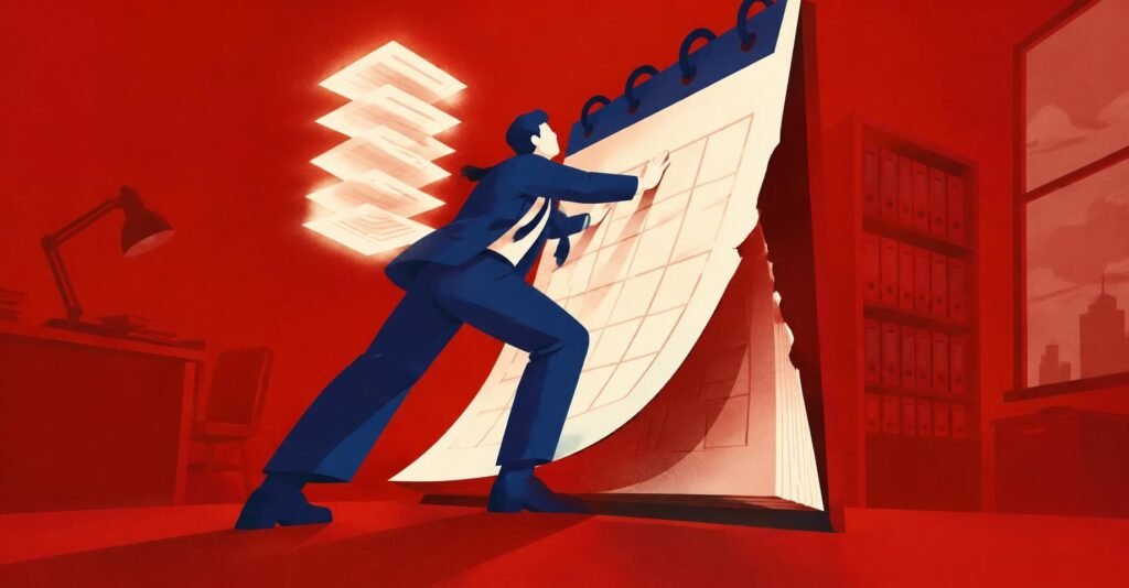 Ilustração de contador tentando segurar a data de testes IBS CBS em documentos fiscais, adiada para 26 de outubro.