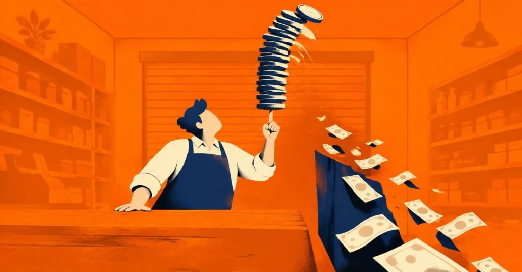 Ilustração de microempreendedor equilibrando pilha de moedas, simbolizando o novo teto do MEI e o perdão de dívidas
