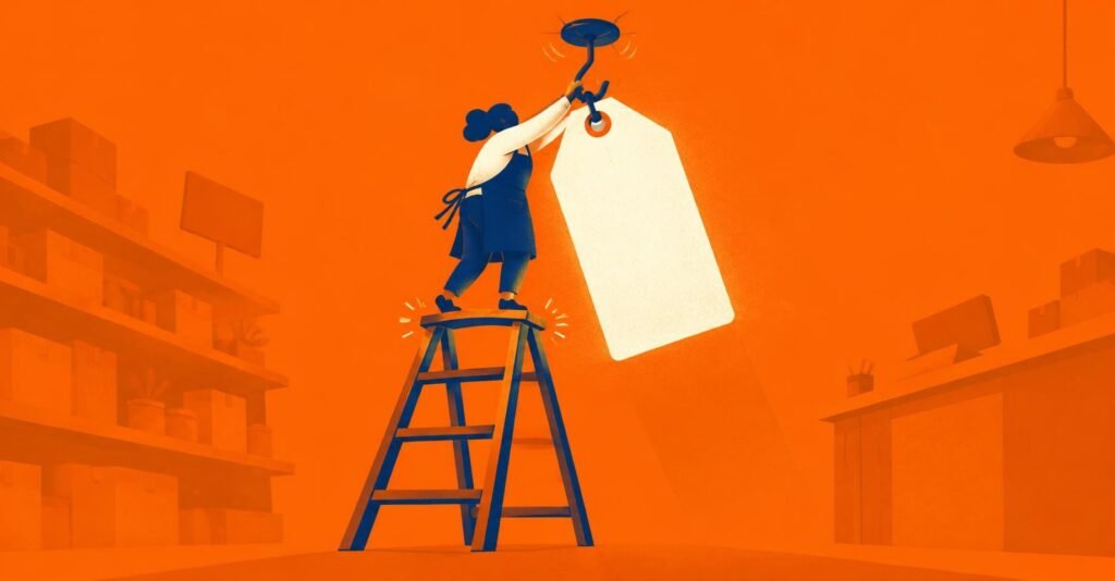Ilustração de comerciante ajustando um teto Simples Nacional mais alto em escada prestes a ceder, símbolo da ampliação do limite de faturamento.