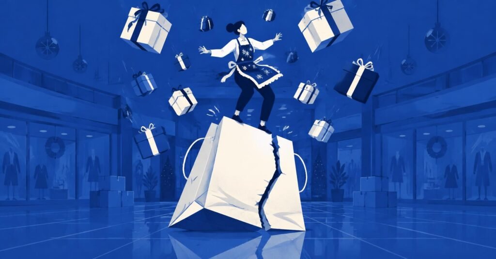 Trabalhador temporário equilibrando sacolas de compras no comércio de fim de ano, ilustrando contratação de trabalho temporário e prazos.