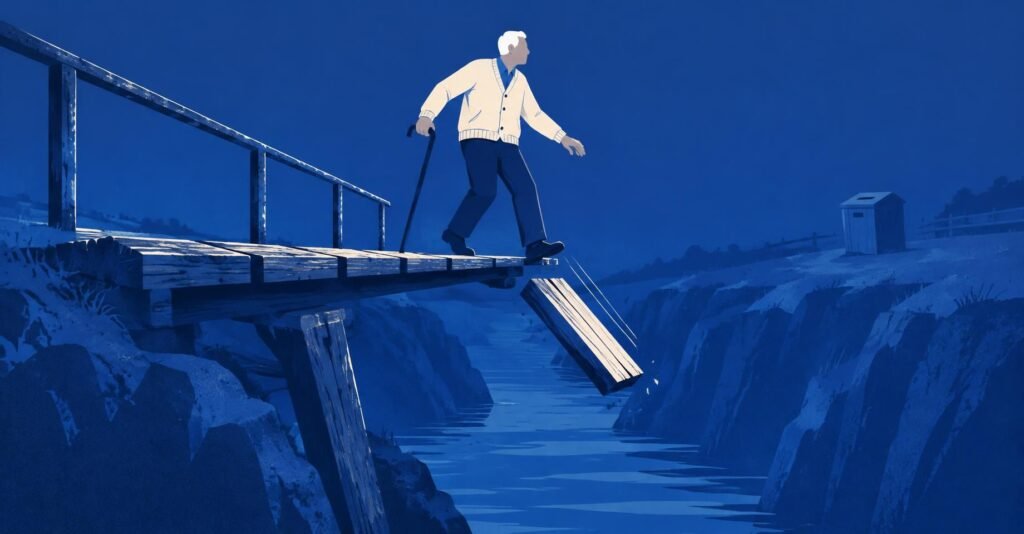 Ilustração de aposentado atravessando ponte frágil sobre rio, simbolizando a prova de vida INSS no voto do segundo turno.