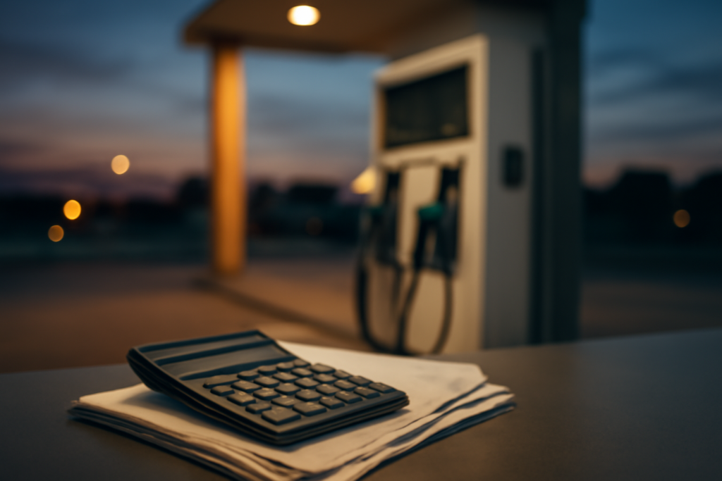 Bomba de combustível de posto de gasolina com calculadora e documentos fiscais, ligados ao IPCA de setembro e à inflação de combustíveis